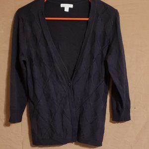 Navy Blue, V-neck, button-down Sweater, checkered pattern within the material.